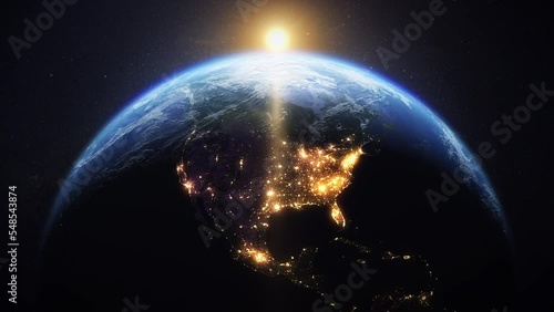Dawn, the sun rises behind the planet earth. Sunrise over the globe. World top view from the space. Day to night transition, great for the news or climatic change concept. Spacescape background in 4k