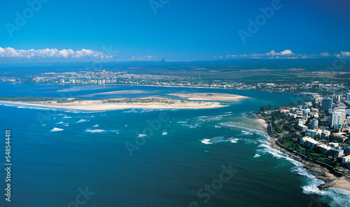 Australia, Australien, Queensland, Sunshine Coast, Aerial-view of Caloundra  sandy Beaches and islands, Luftaufnahme von Caloundra's Strände photo