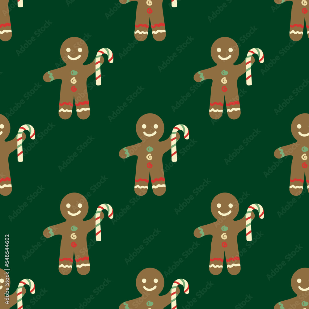 Fototapeta premium Cute gingerbread men, candy canes vector pattern background. Traditional Christmas smiling laughing cookie character motifs on dark green backdrop. Fun festive hand drawn naive style for Holidays.