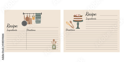 Collection of recipe card or sheet templates for making notes about meal preparation and cooking ingredients. Empty cookbook pages. Vector illustration.