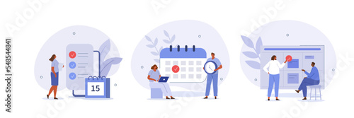 
Schedule planning illustration set. Characters planning work tasks, filling check list, making schedule using calendar. Business and organization concept. Vector illustration.