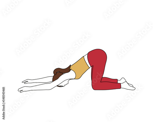 Girl doing yoga pilates gymnastics sport in yellow t-shirt and red leggings on white background	
