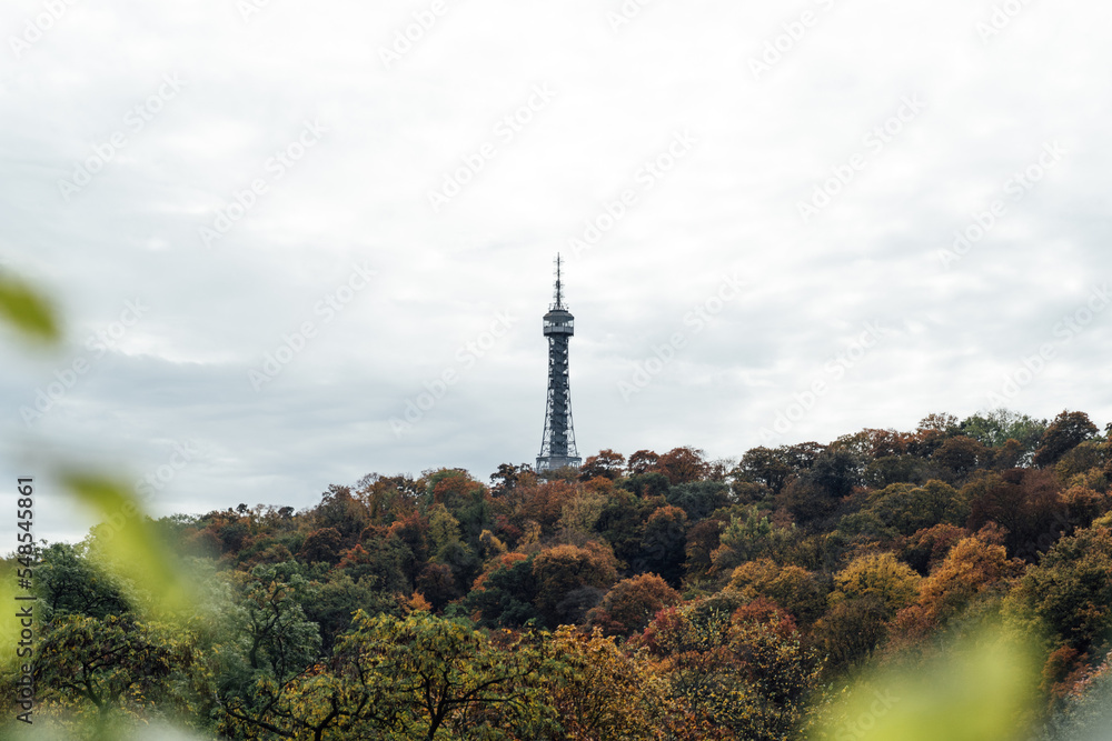 Petrin Tower in autumn scenery viewed from the hill