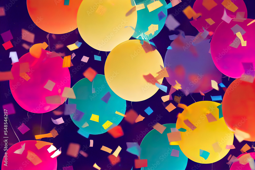 Fliegender bunter Konfetti Hintergund mit Luftballon, Abstrakte ... Fliegender bunter Konfetti Hintergund mit Luftballon, Abstrakte ...