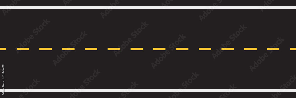 Seamless empty straight road pattern with single yellow dashed line and white solid lines road marking. Asphalt road top aerial view in flat style design. Vector illustration. - obrazy, fototapety, plakaty 