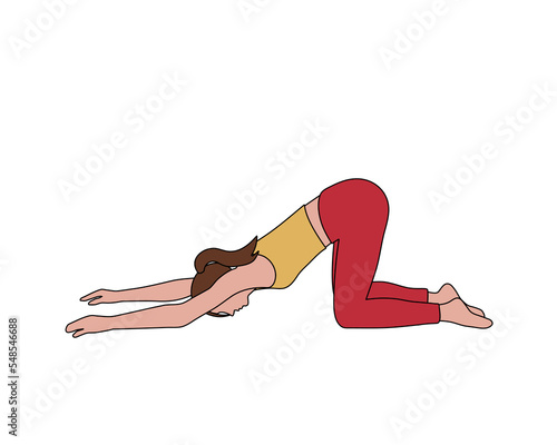 Brown haired girl doing yoga pilates gymnastics sport in yellow t-shirt and red leggings in line style on white background	
