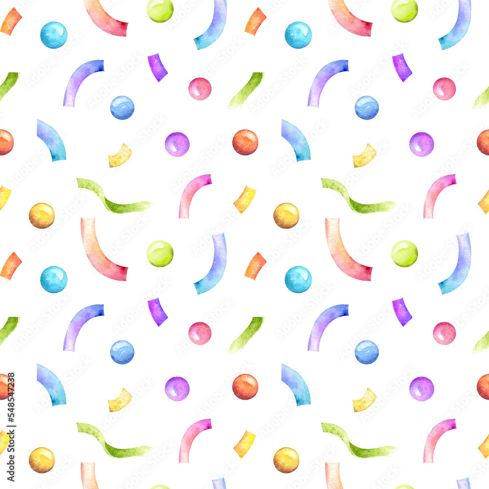 Birthday seamless pattern, holiday graphics, party background, watercolor colorful balloons and confetti illustration, carnival greeting graphcis