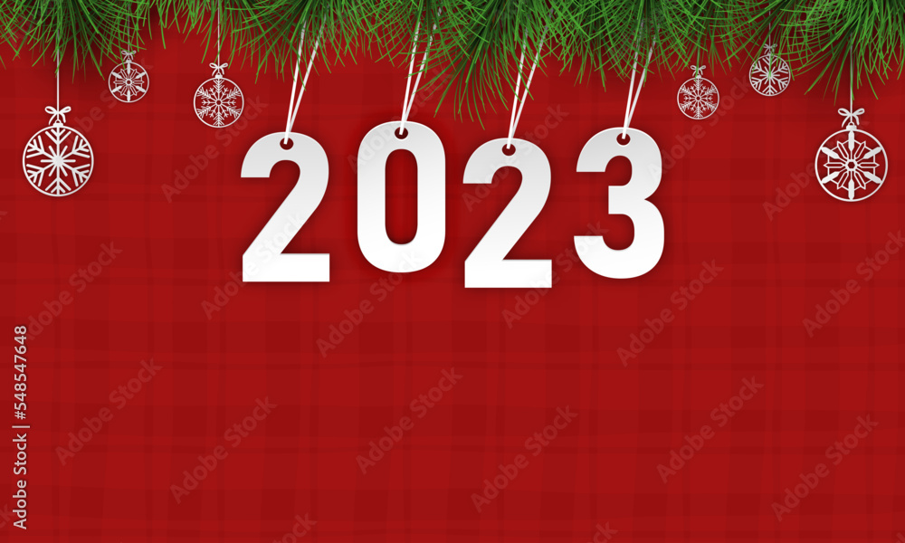 Merry Christmas and happy new year paper cut concept. Christmas and happy new year 2023 and snowflakes, fir branches paper cut concept on red background. Vector illustration. Paper cut and craft style