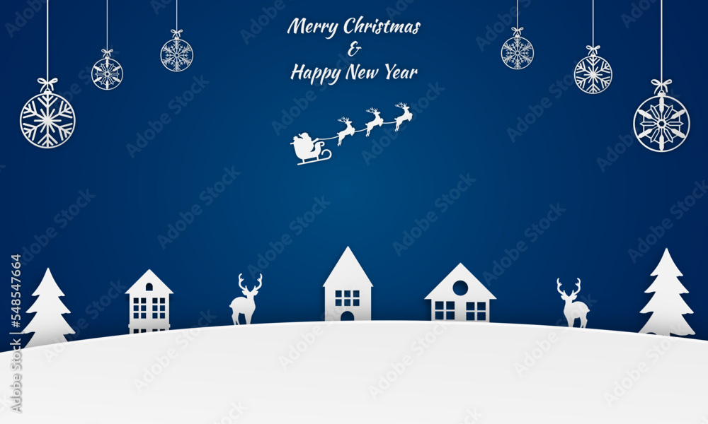 Merry Christmas and happy new year paper cut concept. Christmas and with Santa's sleigh flying, moon, fir trees, stars, house, and deers paper cut concept on blue background. Vector illustration