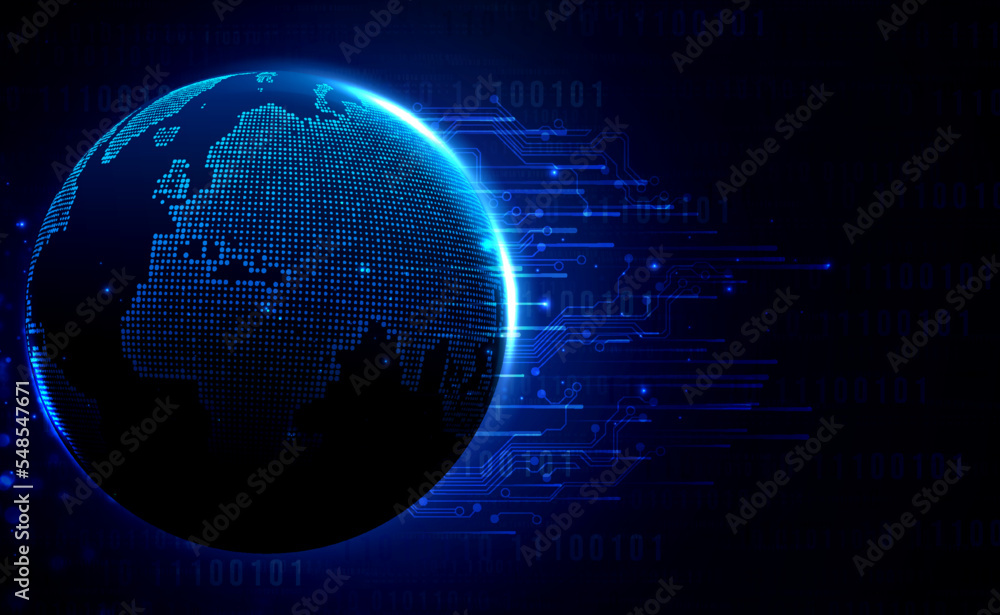 Digital technology worldwide global network internet connection blue background, Abstract cyber tech futuristic planet map world, Ai big data, Innovation 5g wireless wifi future, illustration vector Digital technology worldwide global network internet connection blue background, Abstract cyber tech futuristic planet map world, Ai big data, Innovation 5g wireless wifi future, illustration vector