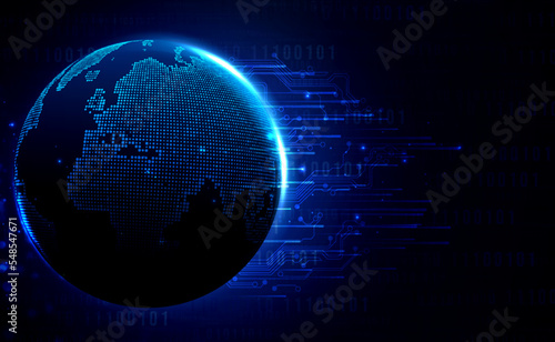 Digital technology worldwide global network internet connection blue background, Abstract cyber tech futuristic planet map world, Ai big data, Innovation 5g wireless wifi future, illustration vector
