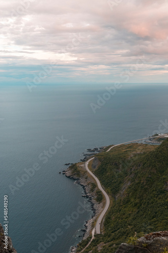 View of the E10 coastal road in Lofoten