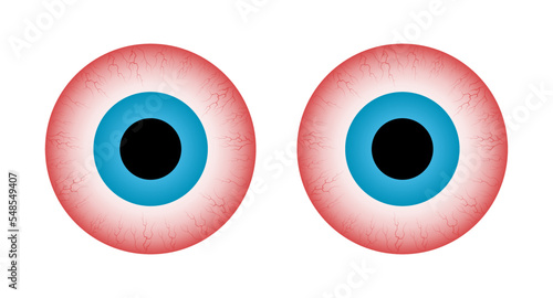 Red eyes frontal view. Ill stress, sleep insomnia disorder, capillaries and pupils. Vector illustration.