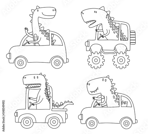 Doodle set of cute dinosaurs riding car.