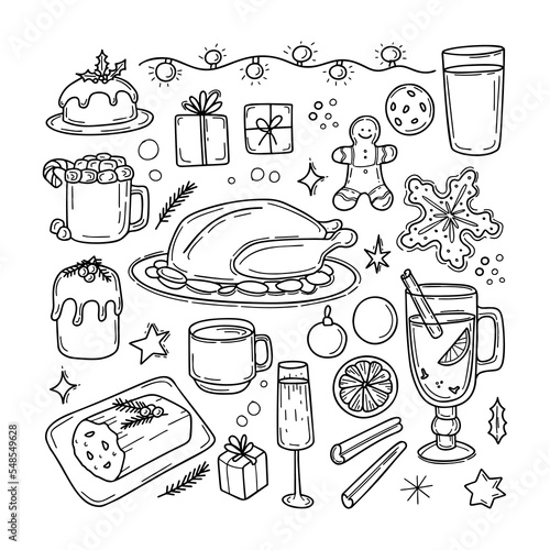 Traditional Christmas food and drink illustration in doodle style