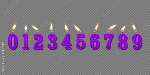 Vector 3d Realistic Paraffin or Wax Burning Purple Birthday Party Candles, Numbers and Different Flame of a Candle Icon Set Isolated. Design Template, Clipart, Birthday Concept. Top View