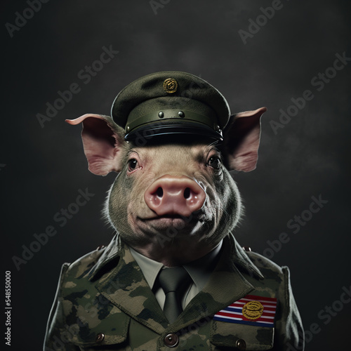 Military comander pig in uniform , Ai generative illustration photo