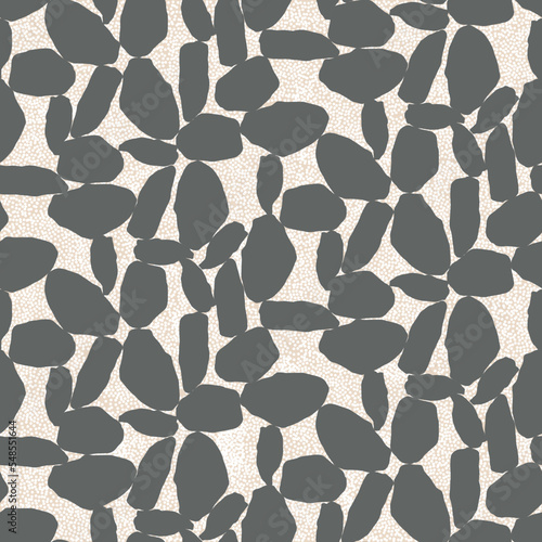Rocks on the sand, abstract grey shapes on the dots background, geometric seamless pattern.