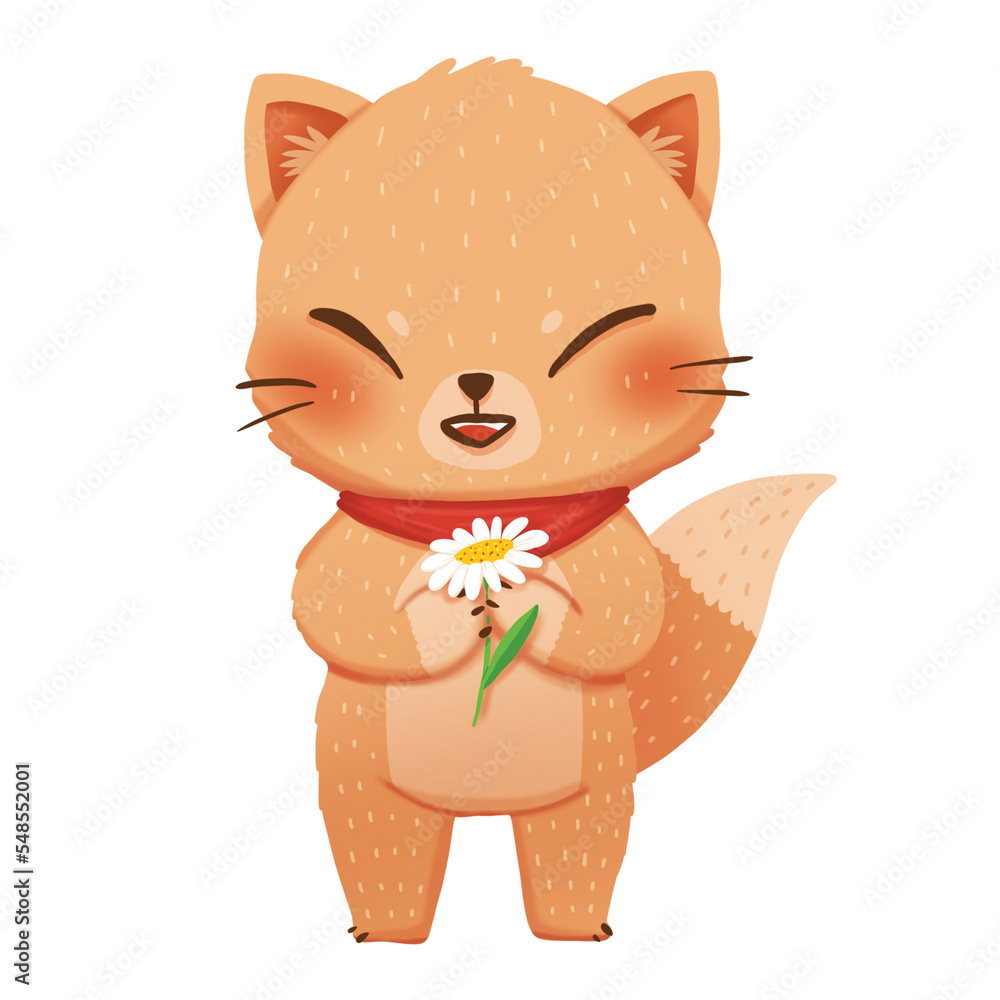Fototapeta premium The fox wearing the red scarf holding the white flower, Cartoon hand drawn animal.