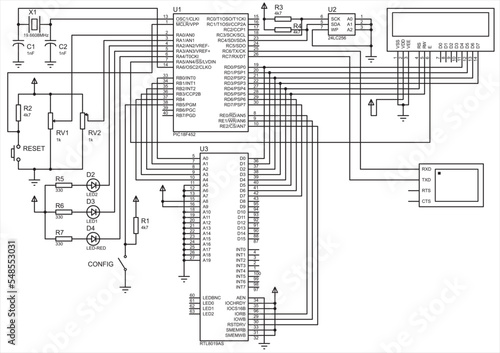 Vector electrical schematic diagram of a digital
electronic data output device device on an LCD display and
a terminal, operating under the control
of a microcontroller.