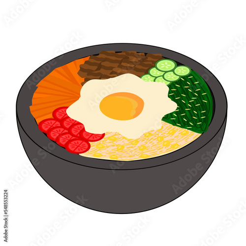 Korean traditional food bibimbap or or bi bim bop.Korea concept.Clip art for restaurants, menus, or recipes.Hand drawn or doodle.Sign, symbol, icon or logo isolated.Cartoon vector illustration.