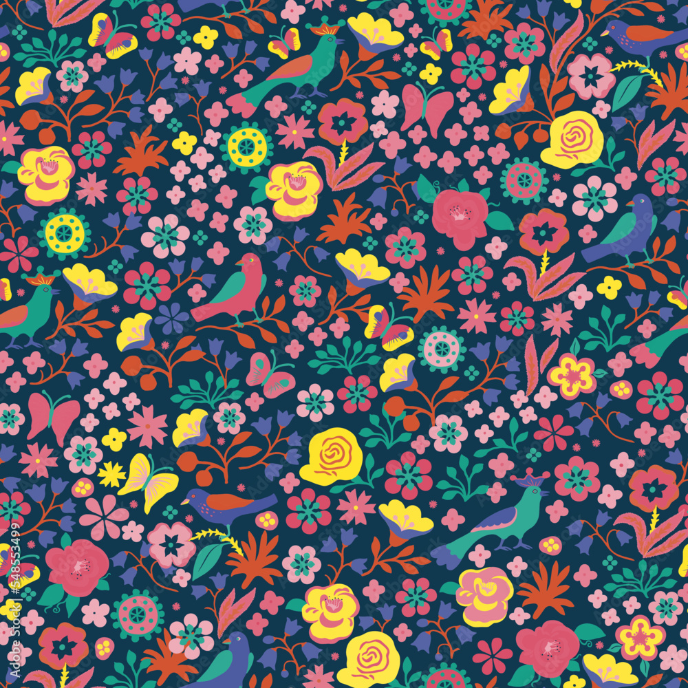 A fabulous pattern of flowers and birds in dark pastel colors.