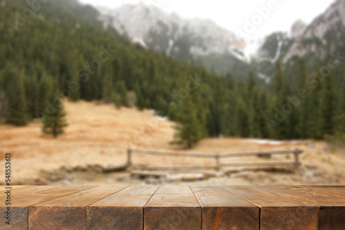 Desk of free space and winter landscape 