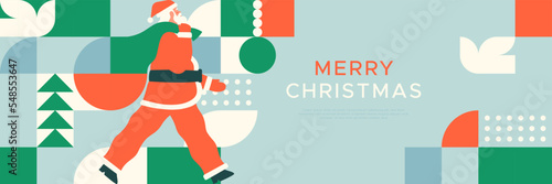 Merry Christmas web banner template illustration of santa claus carrying gift bag with colorful abstract geometric mosaic art. Holiday business sale event or xmas greeting card design. 