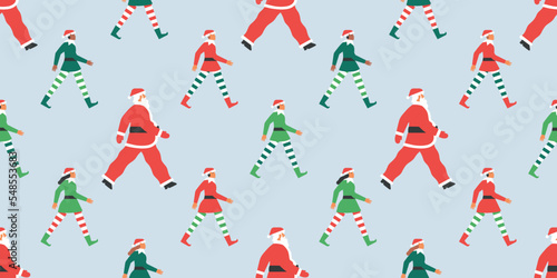 Santa claus and elf crowd walking together seamless pattern illustration. Holiday character group wallpaper print for winter season celebration. 