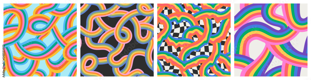 Retro 60s style rainbow seamless pattern set with pastel color stripes. Vintage psychedelic wave cartoon background collection. Trendy hippie 70s stripe print illustration. Retro 60s style rainbow seamless pattern set with pastel color stripes. Vintage psychedelic wave cartoon background collection. Trendy hippie 70s stripe print illustration.