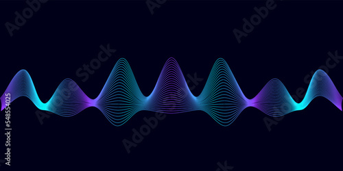 Abstract wavy stripes on a black background isolated. Wave dynamic lines. Blue-violet abstract lines. Wave line art.  EPS 10.