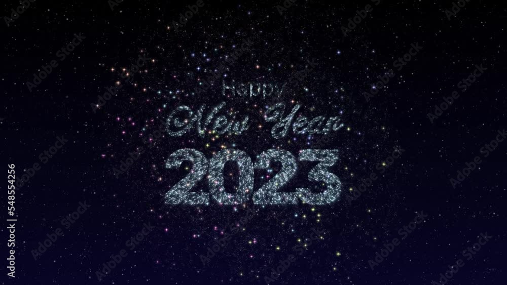 Happy New Year 2023 text animation sparkling with festive fireworks on a starry night sky background Happy New Year 2023 text animation sparkling with festive fireworks on a starry night sky background