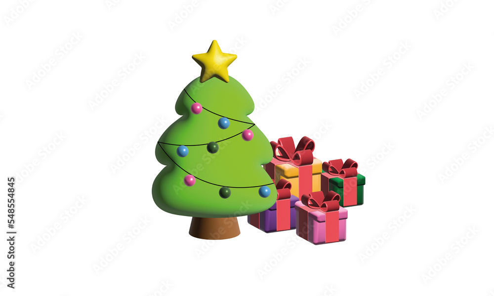 3d illustration of a Christmas tree with ornaments and a stella and with gifts underneath 3d illustration of a Christmas tree with ornaments and a stella and with gifts underneath