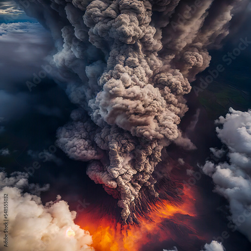 Aerial View of Billowing Smoke and Ashes Erupting From a Volcano