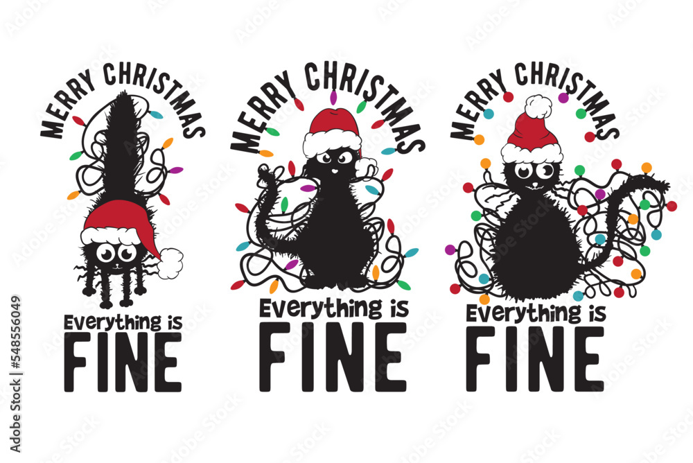 Vecteur Stock Merry Christmas Everything is Fine SVG, Funny Black Cat Christmas Light