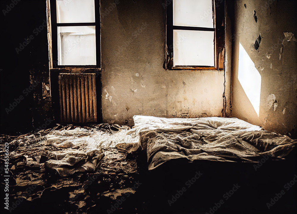 Interior of an abandoned and desolate room in a crack house used by