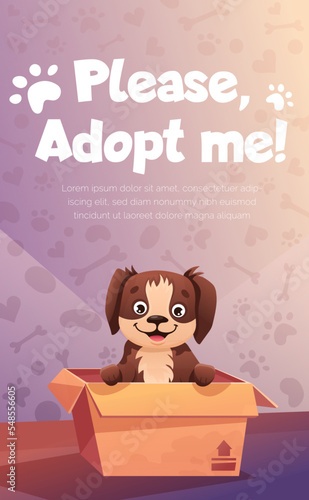 Social media post with animal adoption promotion. Adopt Flyer with funny dog in cardboard box. Help homeless animals find home. Vector cartoon template with cute abandoned puppy in doghouse