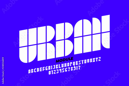 Modular style font, alphabet letters and numbers, vector illustration