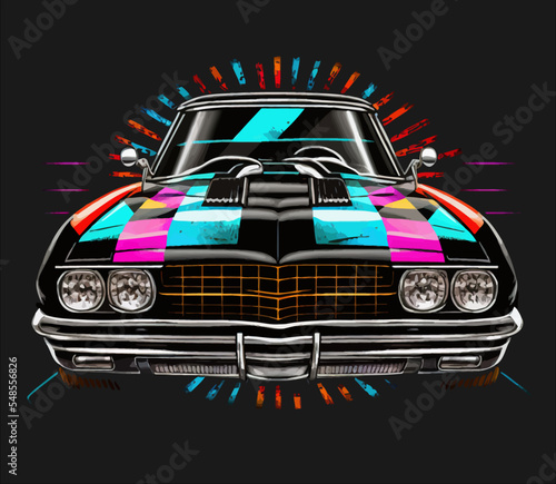 Car in bright colorful lights Isolated vector illustration