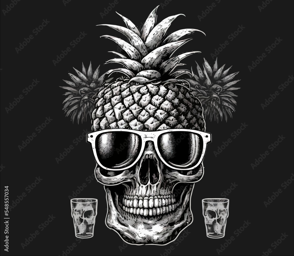 Fototapeta premium Cocktail in the form of a skull with glasses and pineapple Isolated vector illustration