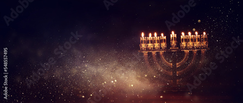 Image of jewish holiday Hanukkah with menorah (traditional candelabra) and candles