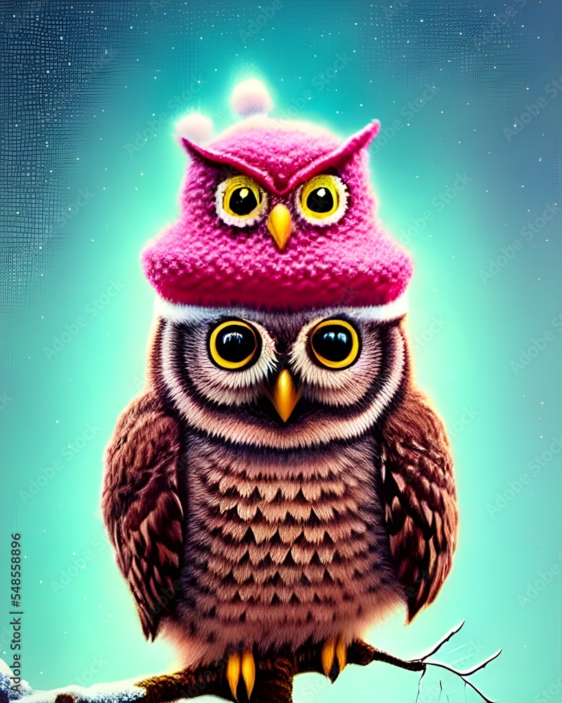 Naklejka premium cute little owl with a knitted hat wearing, christmas atmosphere, new year postcard