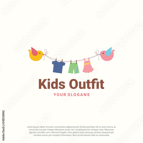 Clothes for little boys and girls logo design. Children clothes on a hanger with bird vector design. Baby shirt and dress, kids apparel logotype