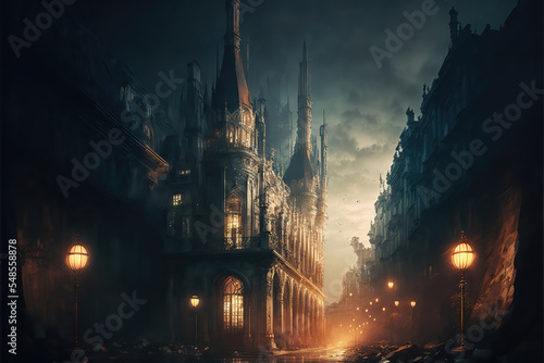 AI generated image of a fantastical medieval mysterious city of darkness and light