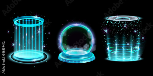 Glow portal set, magic neon circles, technology digital teleport, vector game light hologram scene. Sci-fi cyberpunk platform beams, future travel round pedestal energy hole. Space game portal clipart