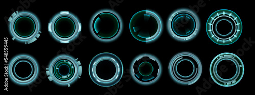 Game HUD focus set, vector UI circle sci-fi frame futuristic space kit, round blue digital target. Space ship high-tech border, electronic modern menu interface viewfinder element. Game HUD clipart
