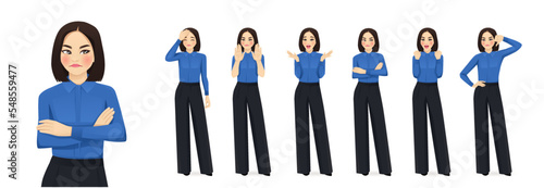 Business asian woman showing negative emotions with different gestures. Isolated vector illustration set.