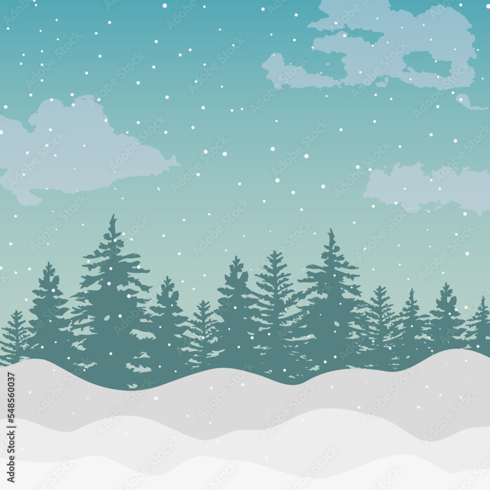 Silhouettes of spruce trees on a snowy blue background.Snowdrifts.Spruce tree forest 