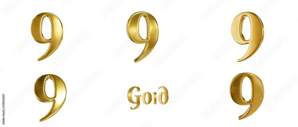 9th Lettering Gold 3D alphabet. Golden font with transparent background. Gold. Number 9. 5 ...