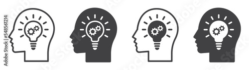 Set of icons head with bulb and gear. Idea head symbol, light bulb and gear in head sign, creativity and solution. Head light bulb icon, head thinking with lightbulbs and gears. Vector illustration.